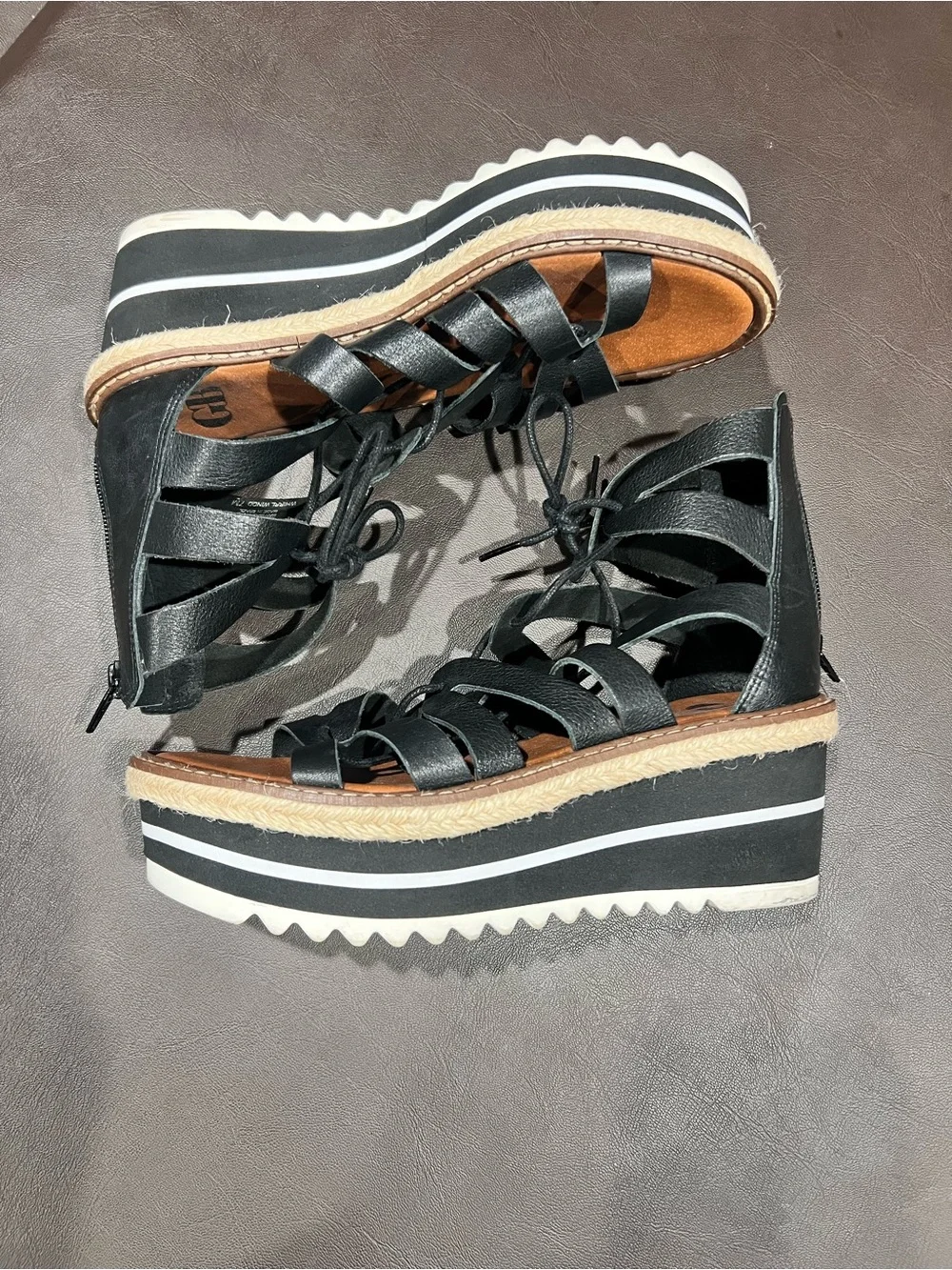 GB Black Gladiator Wedge Sandals Lace Up Zipper Leather Upper Rubber Sole Women